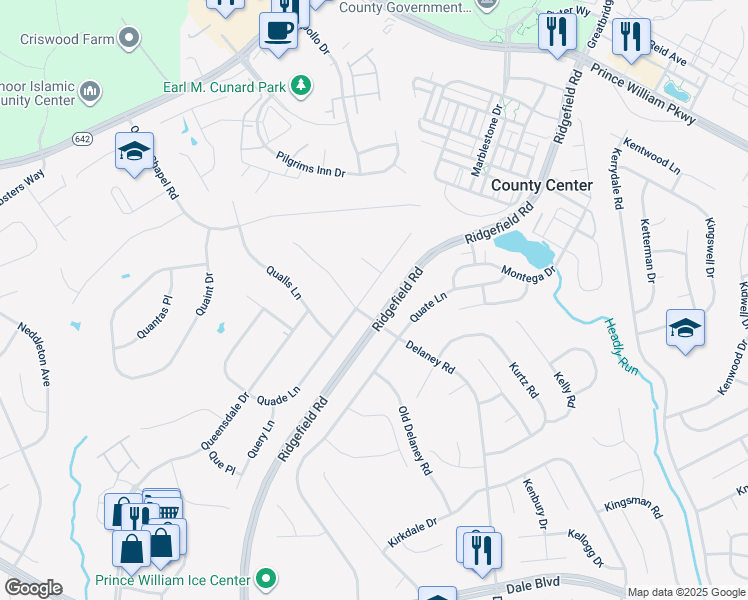 map of restaurants, bars, coffee shops, grocery stores, and more near 13093 Quade Lane in Woodbridge