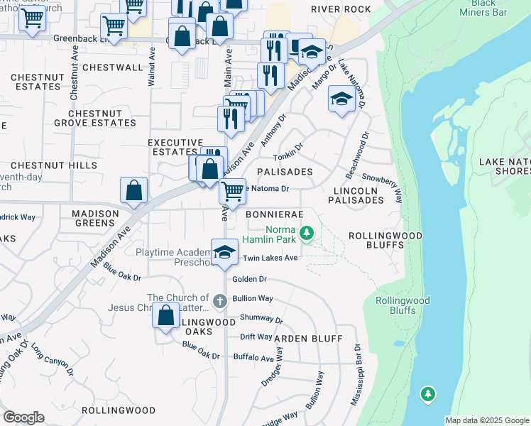 map of restaurants, bars, coffee shops, grocery stores, and more near 9436 Pershing Avenue in Orangevale