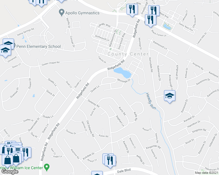 map of restaurants, bars, coffee shops, grocery stores, and more near 13048 Lashmere Court in Woodbridge
