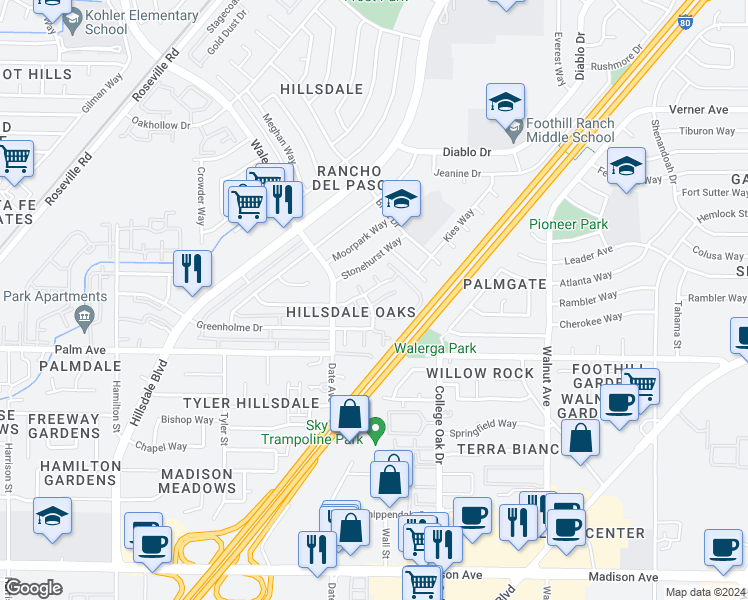 map of restaurants, bars, coffee shops, grocery stores, and more near 4710 Hayford Way in Sacramento