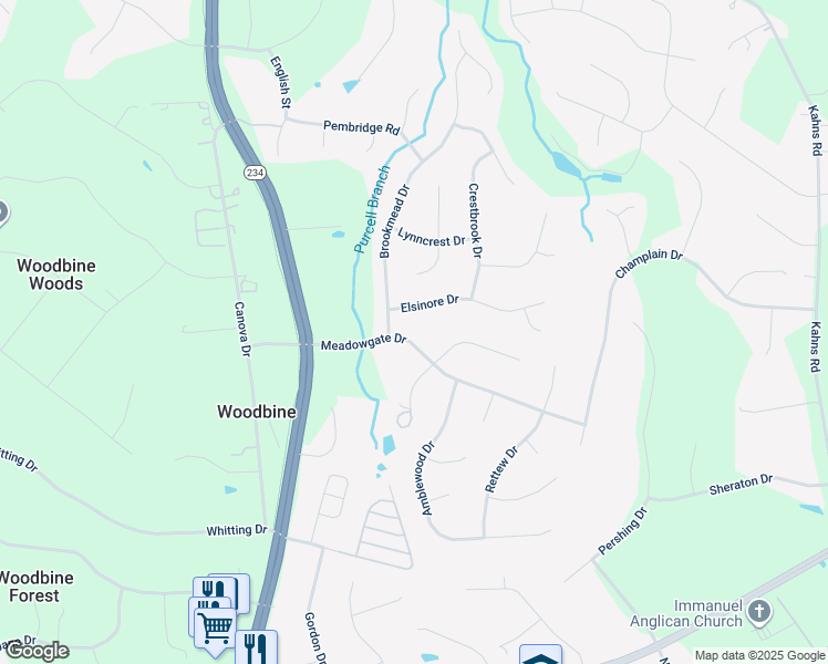 map of restaurants, bars, coffee shops, grocery stores, and more near 7864 Meadowgate Drive in Manassas