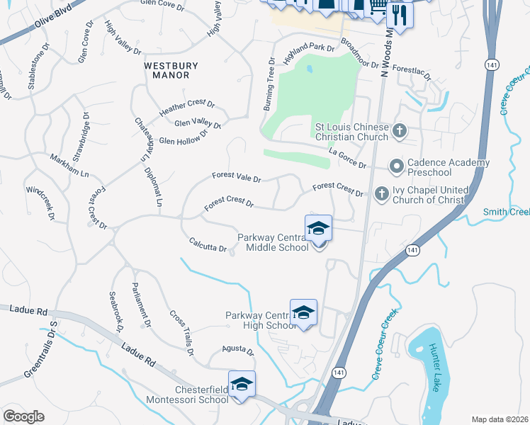 map of restaurants, bars, coffee shops, grocery stores, and more near 32 Forest Crest Drive in Chesterfield