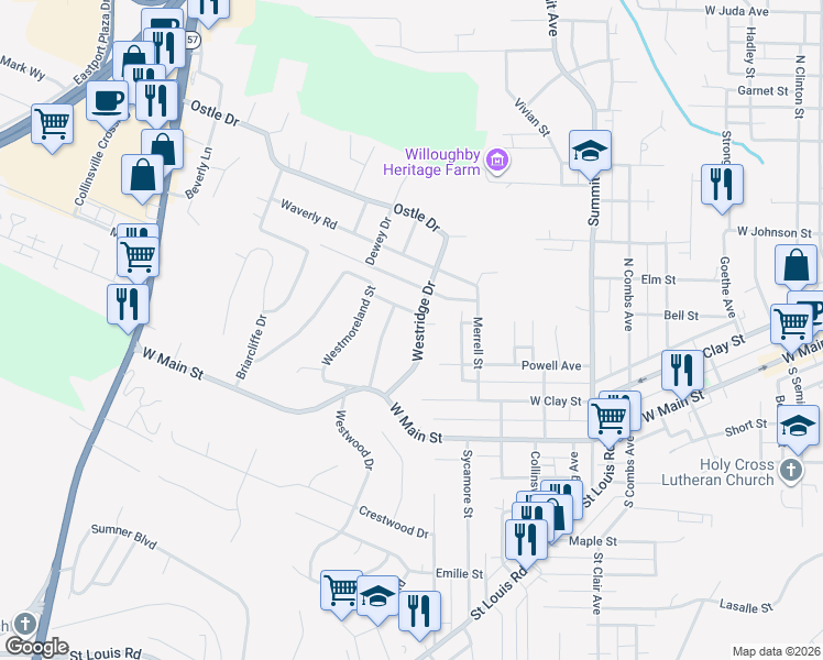 map of restaurants, bars, coffee shops, grocery stores, and more near 115 Westridge Drive in Collinsville