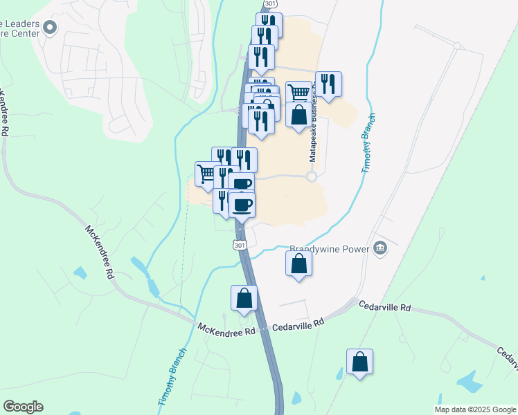 map of restaurants, bars, coffee shops, grocery stores, and more near 16004C Crain Highway in Brandywine