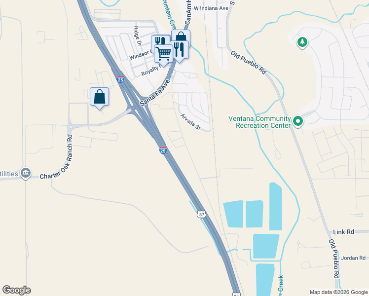 map of restaurants, bars, coffee shops, grocery stores, and more near 47 Taos Circle in Fountain