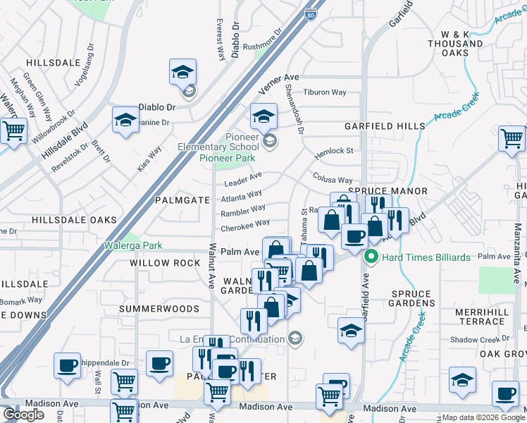 map of restaurants, bars, coffee shops, grocery stores, and more near 5216 Rambler Way in Sacramento