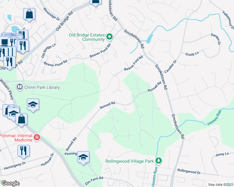map of restaurants, bars, coffee shops, grocery stores, and more near 12951 Morning Dew Lane in Woodbridge