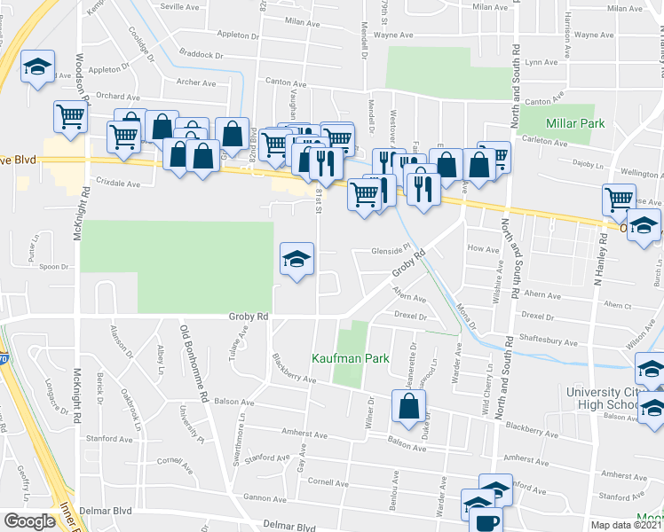 map of restaurants, bars, coffee shops, grocery stores, and more near 3 Nob Hill Lane in University City