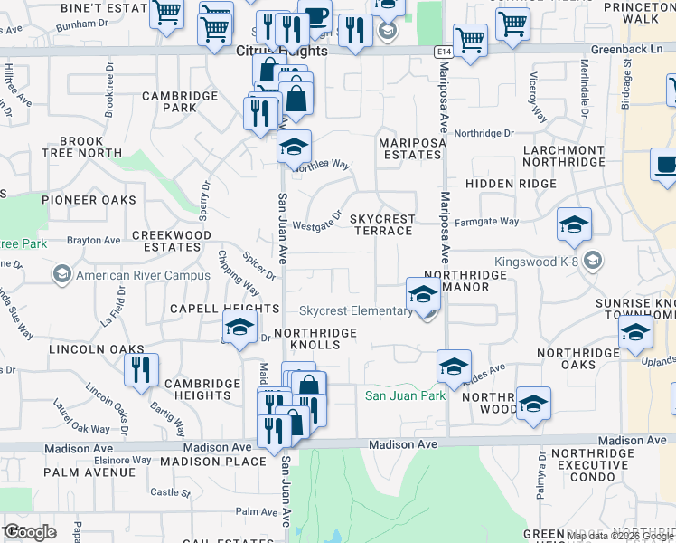 map of restaurants, bars, coffee shops, grocery stores, and more near 7512 Ranch Avenue in Citrus Heights