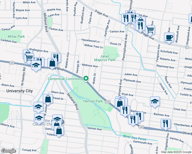 map of restaurants, bars, coffee shops, grocery stores, and more near 1138 Watts Street in University City