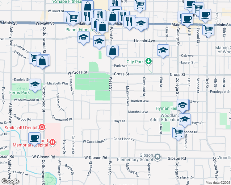 map of restaurants, bars, coffee shops, grocery stores, and more near 10 Pendegast Street in Woodland