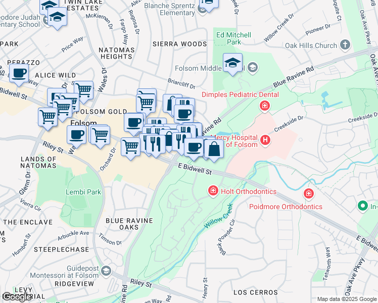 map of restaurants, bars, coffee shops, grocery stores, and more near 421 Blue Ravine Road in Folsom