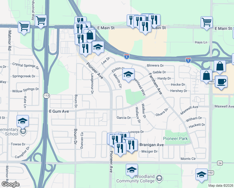 map of restaurants, bars, coffee shops, grocery stores, and more near 824 Atwell Circle in Woodland