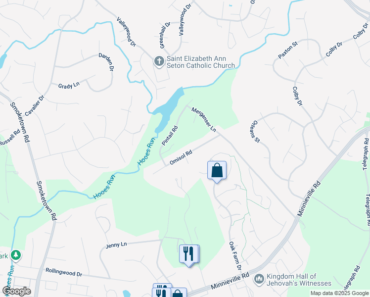 map of restaurants, bars, coffee shops, grocery stores, and more near 2722 Omisol Road in Woodbridge