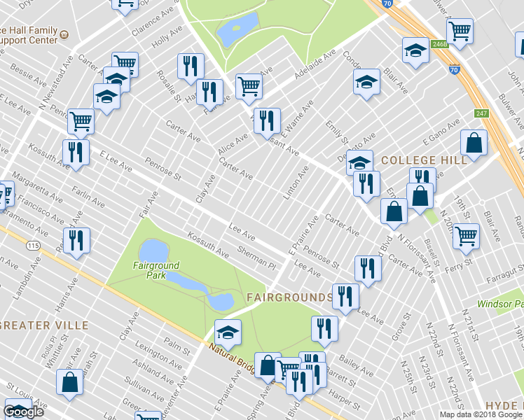 map of restaurants, bars, coffee shops, grocery stores, and more near 4218 College Avenue in St. Louis