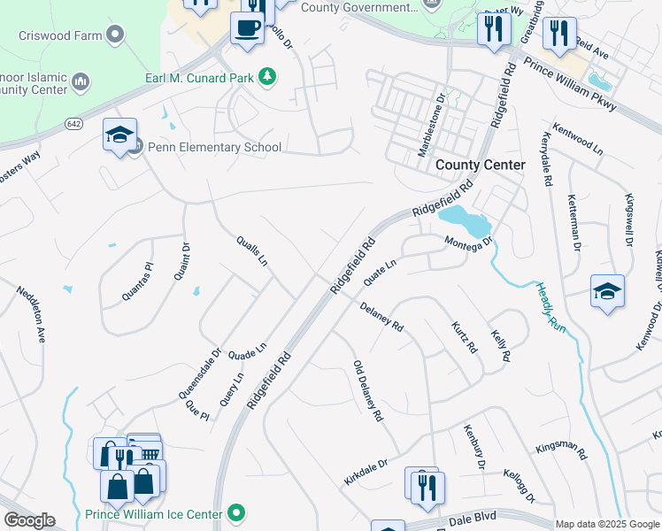 map of restaurants, bars, coffee shops, grocery stores, and more near 13093 Quade Lane in Woodbridge
