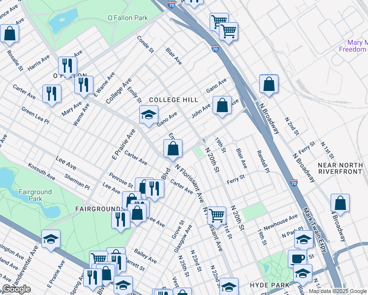 map of restaurants, bars, coffee shops, grocery stores, and more near 2035 East Grand Boulevard in St. Louis