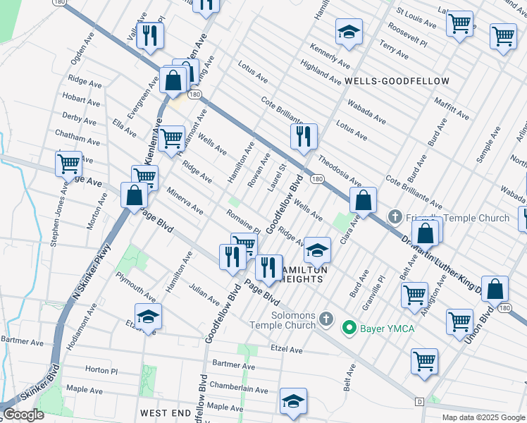 map of restaurants, bars, coffee shops, grocery stores, and more near 5825 Ridge Avenue in St. Louis
