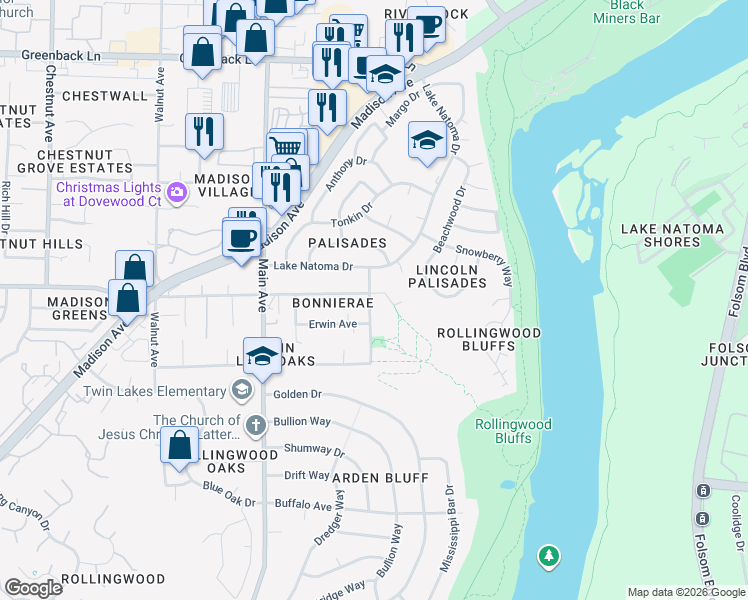 map of restaurants, bars, coffee shops, grocery stores, and more near 9468 Pershing Avenue in Orangevale