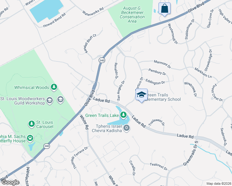 map of restaurants, bars, coffee shops, grocery stores, and more near 161 San Angelo Drive in Chesterfield