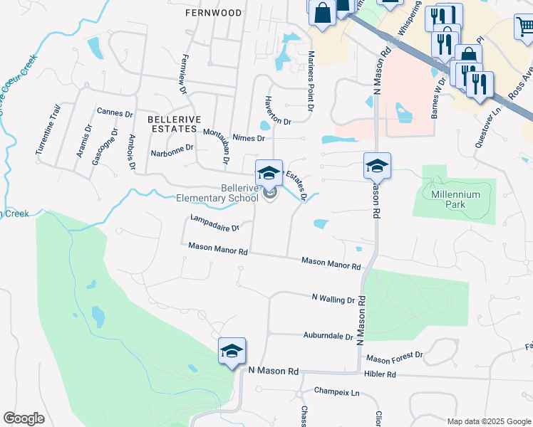 map of restaurants, bars, coffee shops, grocery stores, and more near 620 Rue De Fleur Drive in Creve Coeur