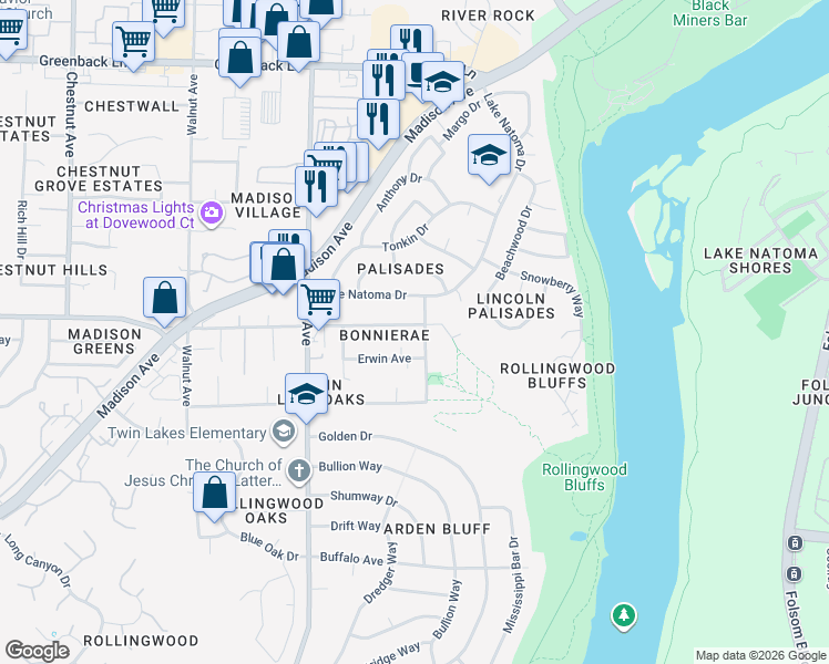 map of restaurants, bars, coffee shops, grocery stores, and more near 9468 Pershing Avenue in Orangevale