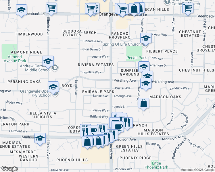 map of restaurants, bars, coffee shops, grocery stores, and more near 5626 Fairvale Way in Orangevale