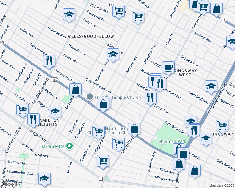 map of restaurants, bars, coffee shops, grocery stores, and more near 1902 Semple Avenue in St. Louis