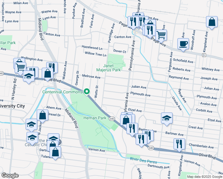 map of restaurants, bars, coffee shops, grocery stores, and more near 7055 Plymouth Avenue in University City