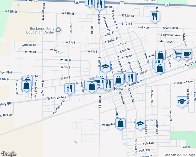 map of restaurants, bars, coffee shops, grocery stores, and more near 300 West 3rd Street in Flora