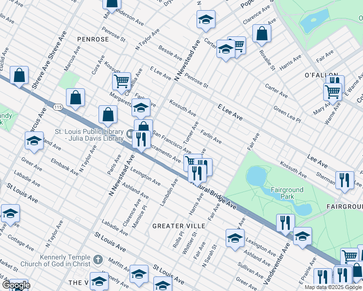 map of restaurants, bars, coffee shops, grocery stores, and more near 4201 San Francisco Avenue in St. Louis