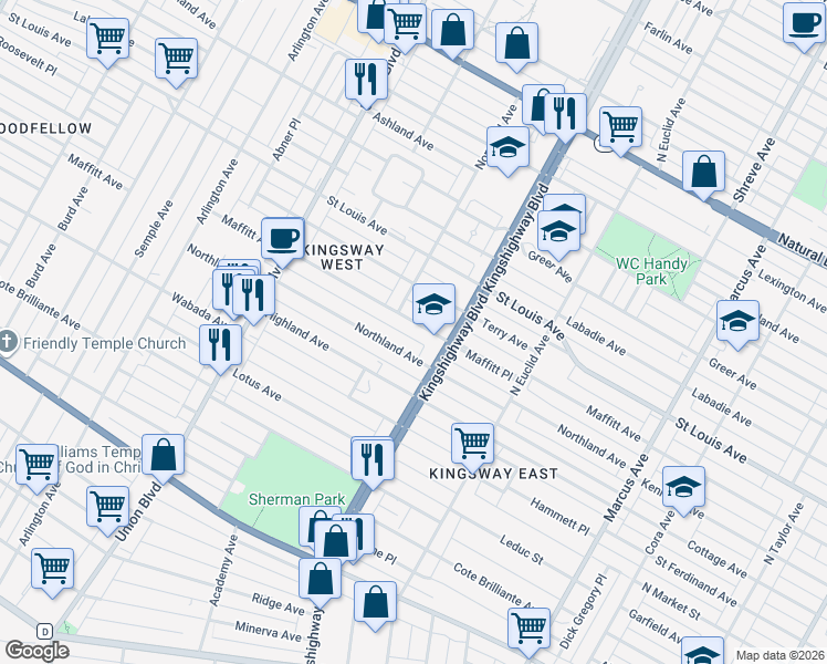 map of restaurants, bars, coffee shops, grocery stores, and more near 5030 Maffitt Avenue in St. Louis