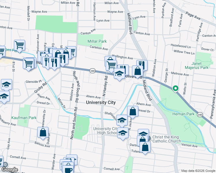 map of restaurants, bars, coffee shops, grocery stores, and more near 7438 Saleen Court in University City