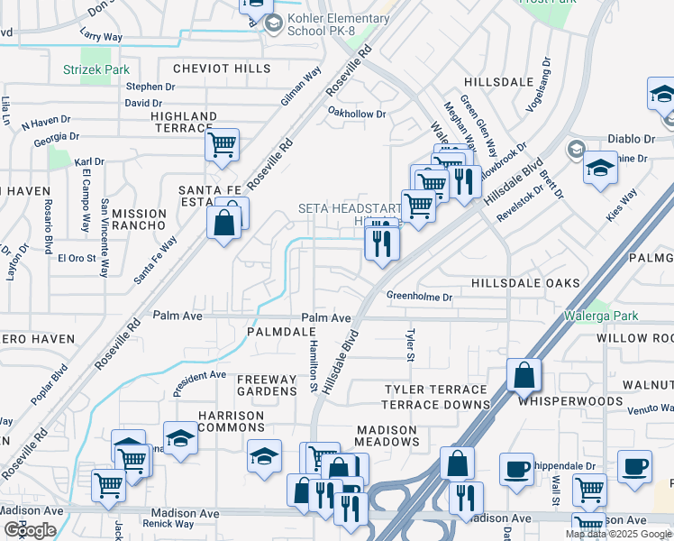 map of restaurants, bars, coffee shops, grocery stores, and more near 4322 Greenholme Drive in Sacramento