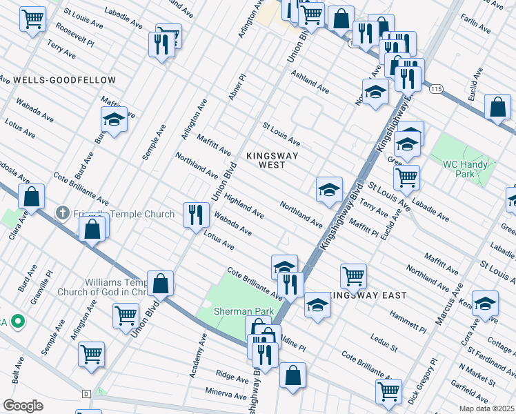 map of restaurants, bars, coffee shops, grocery stores, and more near 5133 Highland Avenue in St. Louis