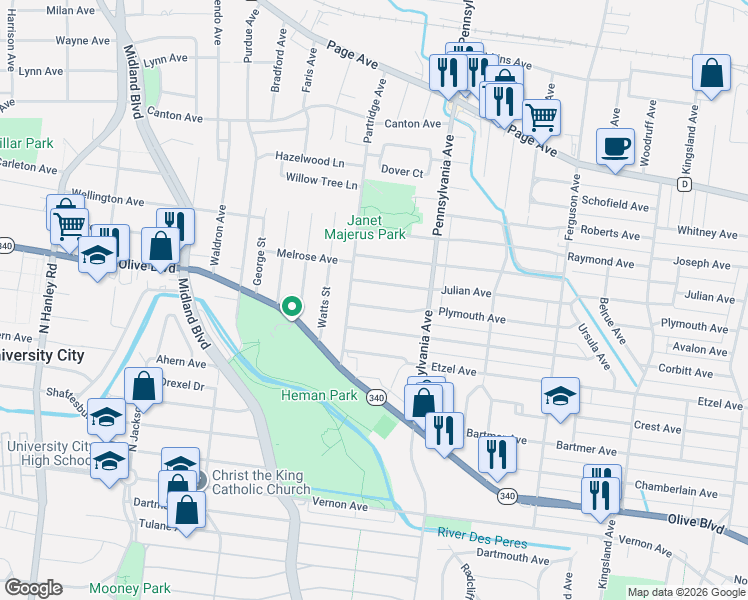 map of restaurants, bars, coffee shops, grocery stores, and more near 7055 Plymouth Avenue in University City