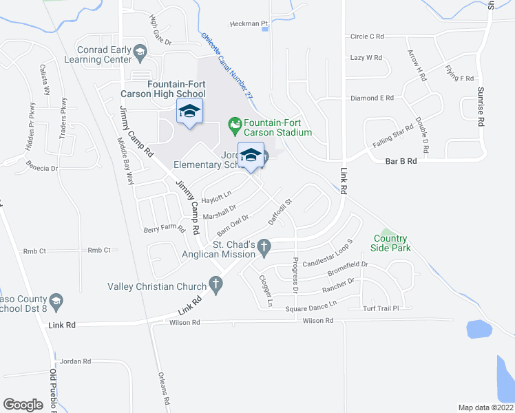 map of restaurants, bars, coffee shops, grocery stores, and more near 875 Barn Owl Drive in Fountain