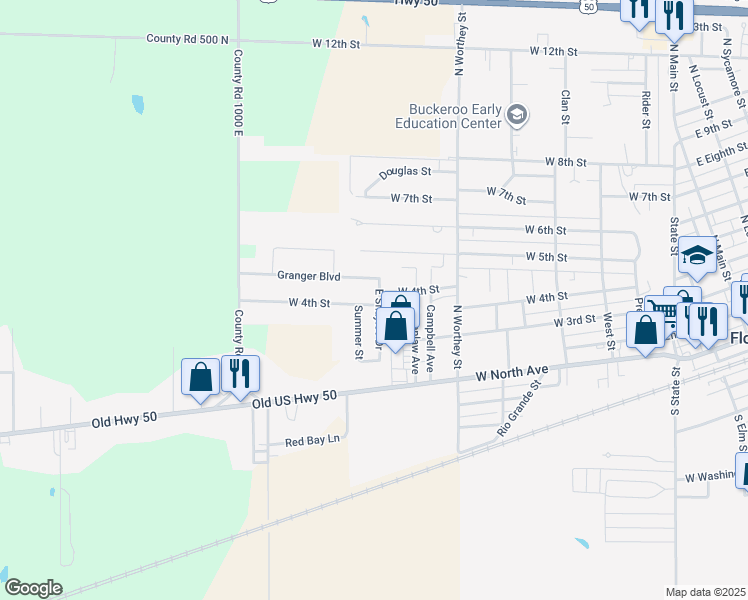 map of restaurants, bars, coffee shops, grocery stores, and more near E Shaylee Dr in Flora