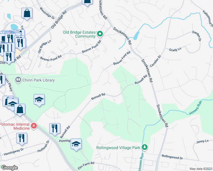 map of restaurants, bars, coffee shops, grocery stores, and more near 12951 Morning Dew Lane in Woodbridge