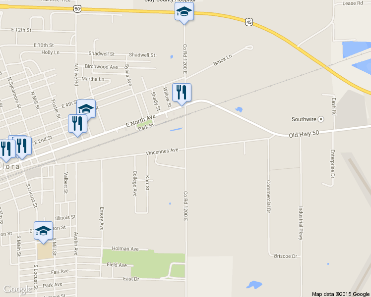 map of restaurants, bars, coffee shops, grocery stores, and more near County Road 1200 East in Flora