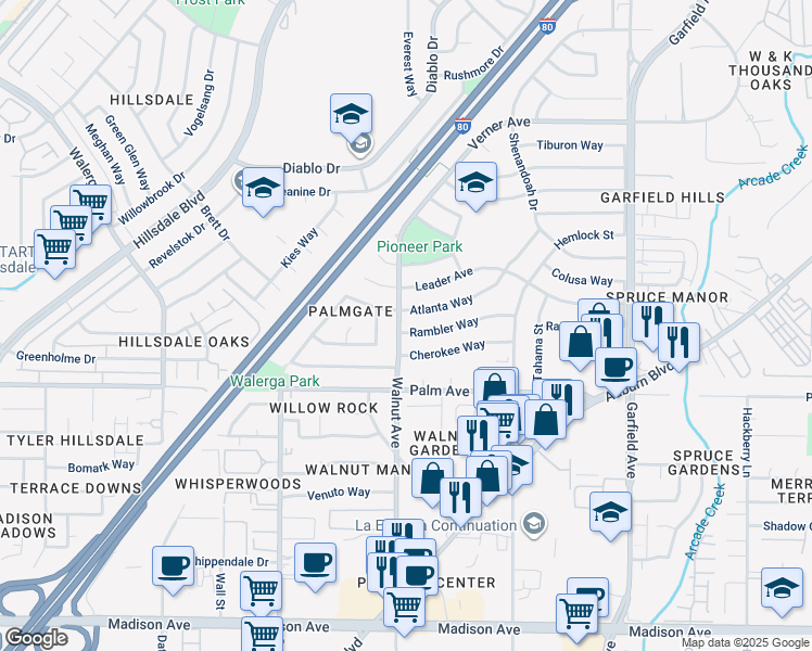 map of restaurants, bars, coffee shops, grocery stores, and more near 5101 Rambler Way in Sacramento
