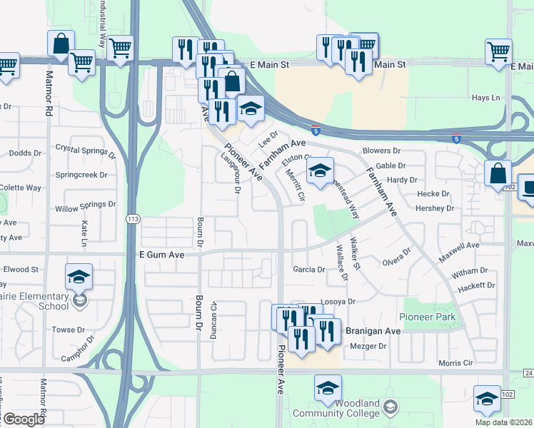 map of restaurants, bars, coffee shops, grocery stores, and more near 1664 Hatcher Drive in Woodland