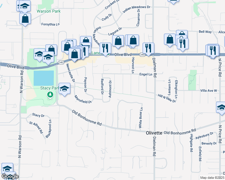 map of restaurants, bars, coffee shops, grocery stores, and more near 632 Ashmont Drive in Olivette
