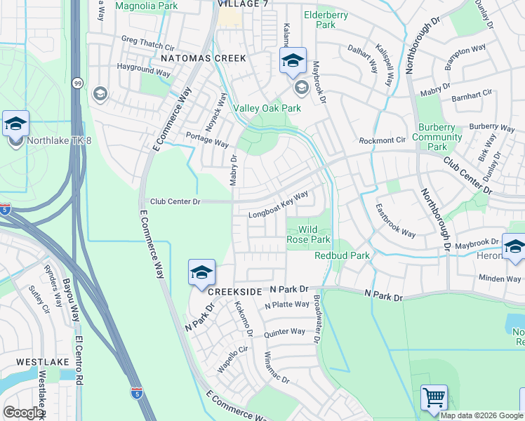 map of restaurants, bars, coffee shops, grocery stores, and more near 3045 Longboat Key Way in Sacramento