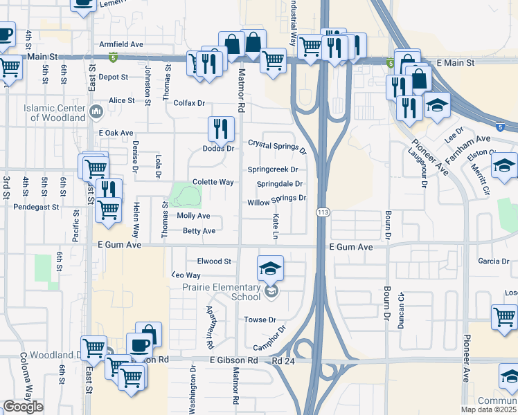 map of restaurants, bars, coffee shops, grocery stores, and more near 1418 Willow Springs Drive in Woodland