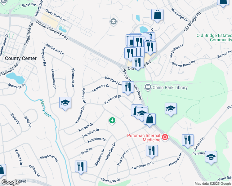 map of restaurants, bars, coffee shops, grocery stores, and more near 12906 Kenmar Drive in Woodbridge