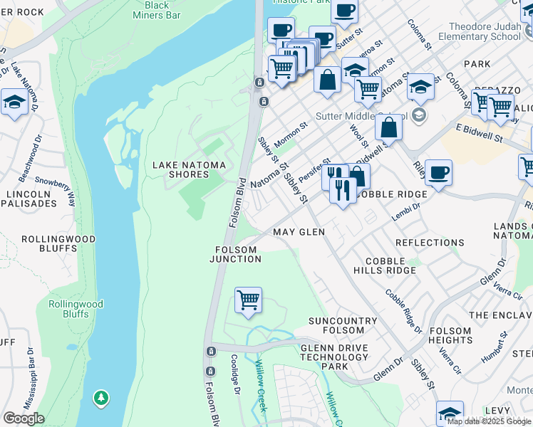 map of restaurants, bars, coffee shops, grocery stores, and more near 1212 Bidwell Street in Folsom