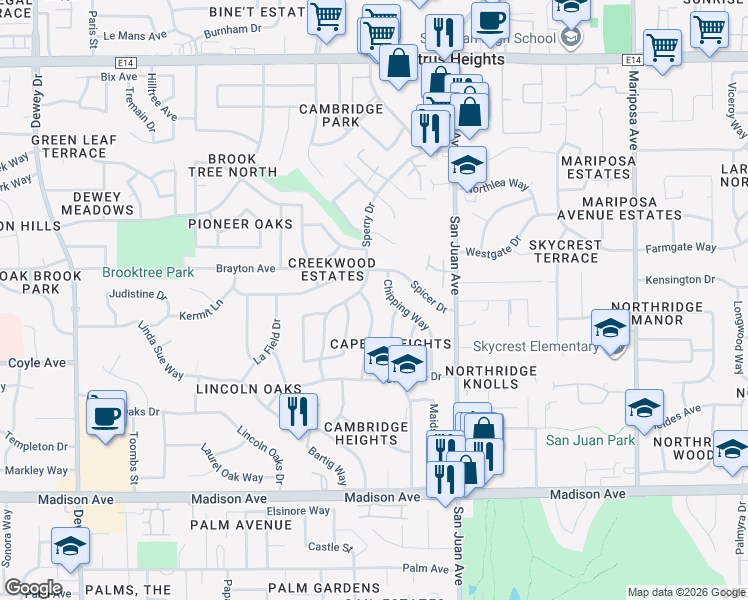 map of restaurants, bars, coffee shops, grocery stores, and more near 5720 Saint Claire Way in Citrus Heights