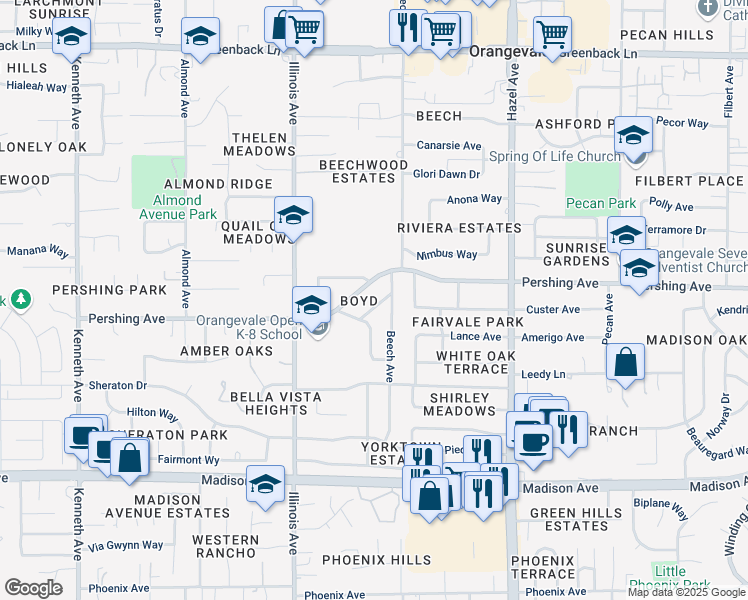 map of restaurants, bars, coffee shops, grocery stores, and more near 8721 Steve Way in Orangevale