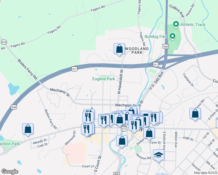 map of restaurants, bars, coffee shops, grocery stores, and more near 311 North Bank Street in Luray